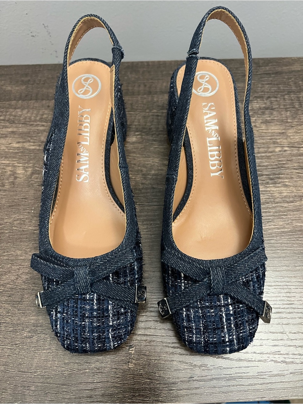 Sam & Libby Navy Tweed Slingback Pumps with denim Bows & trim sz 7.5 like new